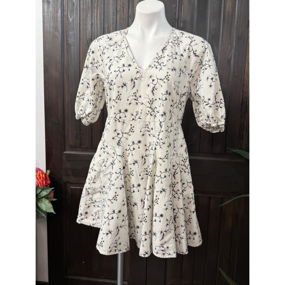 Universal Thread Floral V-Neck Puff Sleeve Mini Dress Cream Navy Small